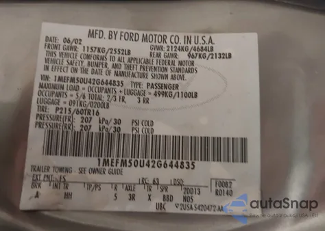 2002 Mercury Sable Gs из США, поврежденный, VIN 1MEFM50U42G644835